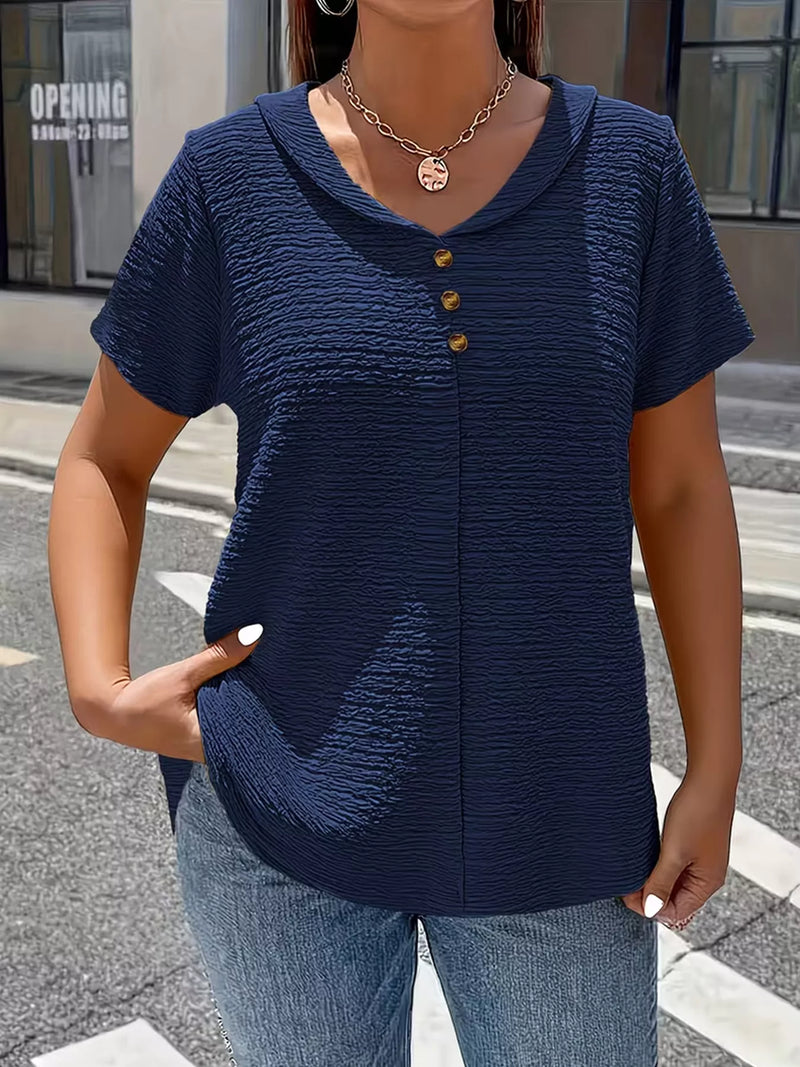 Henley Shirt for Women with Crinkle-Textured Knit and Short Sleeves in Navy, front view