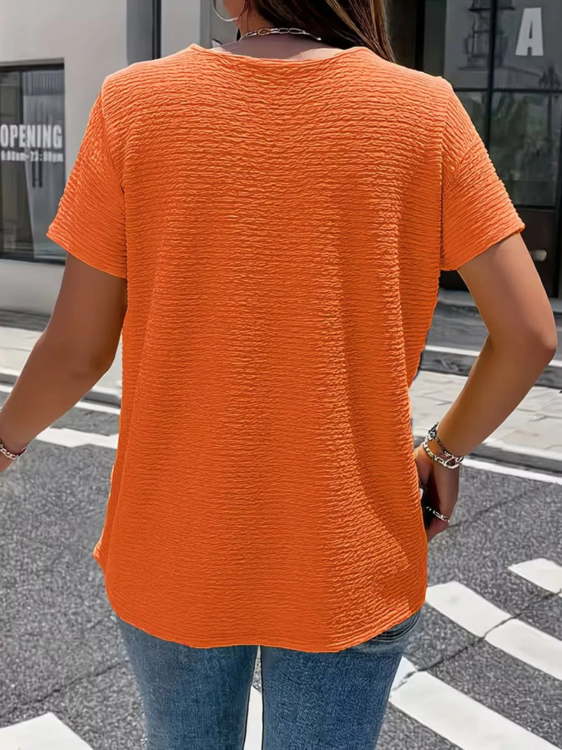 Henley Shirt for Women with Crinkle-Textured Knit and Short Sleeves in Tangerine, back view