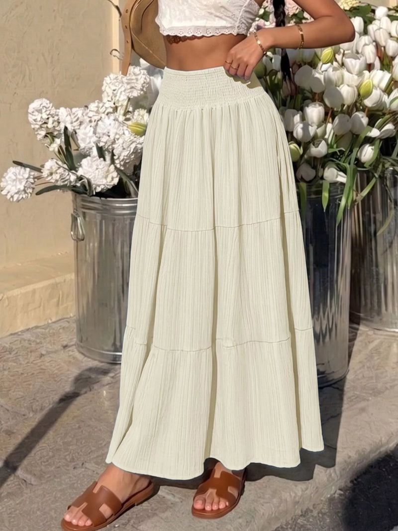 Textured Tiered Maxi Skirt for Women with Smocked High Waist in Cream, front view close