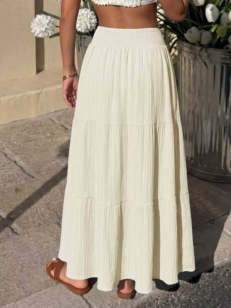 Textured Tiered Maxi Skirt for Women with Smocked High Waist in Cream, full front view