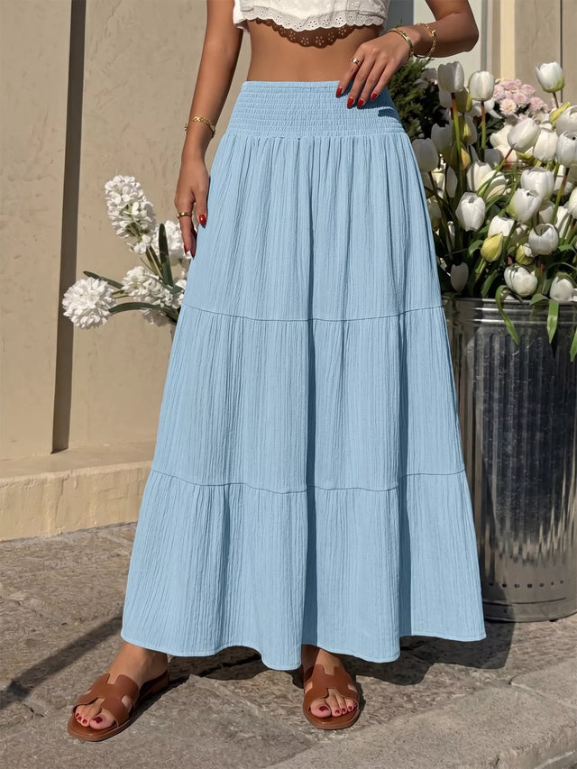 Textured Tiered Maxi Skirt for Women with Smocked High Waist in Light Blue, front view