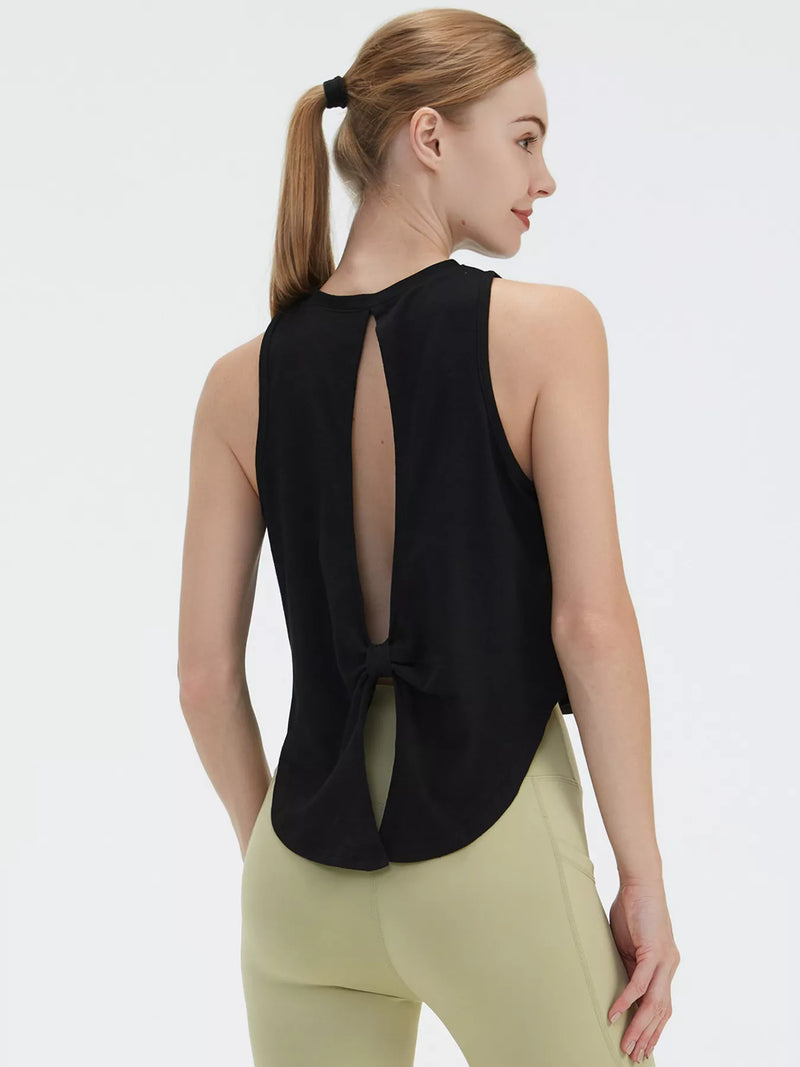 Tie Back Active Tank for Women with Cut Out Back and Crew Neck in Black, back view