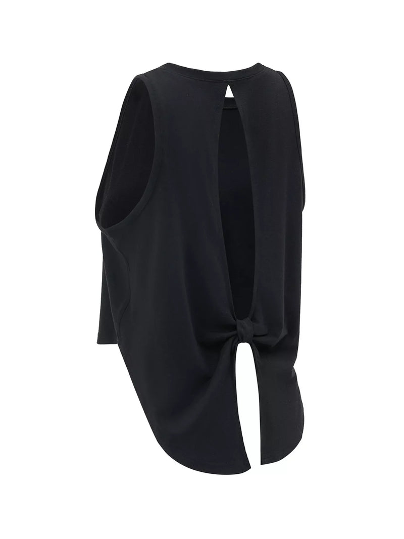 Tie Back Active Tank for Women with Cut Out Back and Crew Neck in Black, flat back view