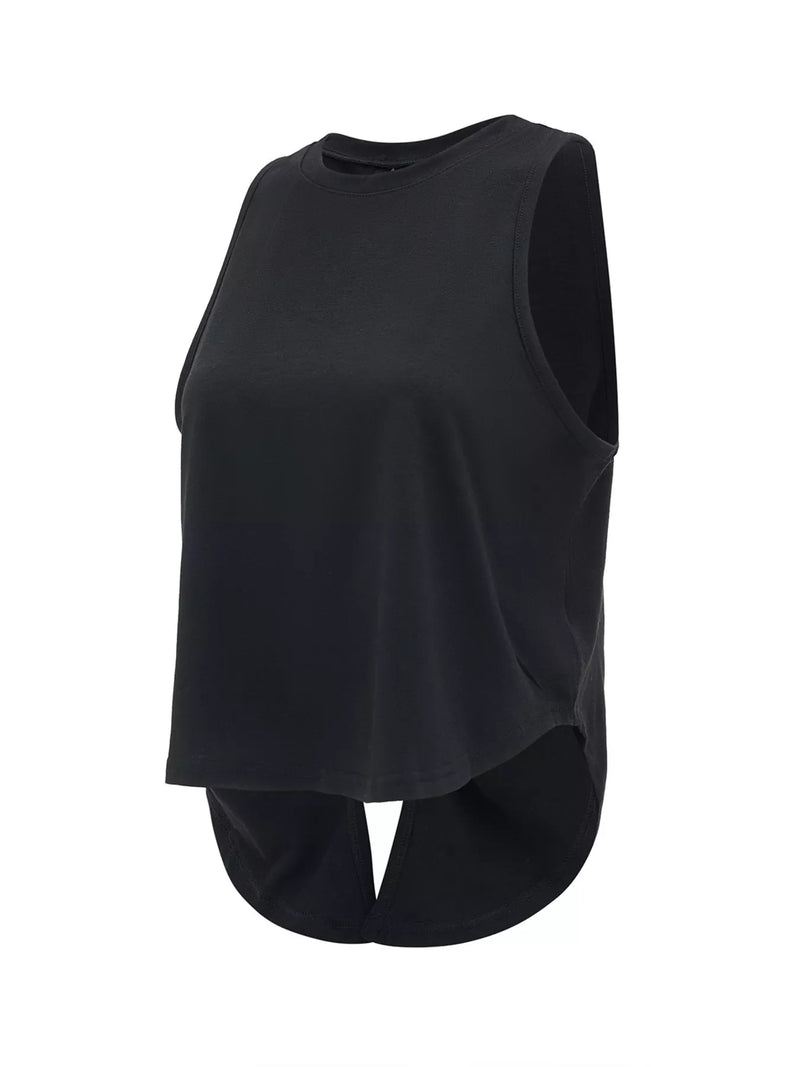 Tie Back Active Tank for Women with Cut Out Back and Crew Neck in Black, flat front view