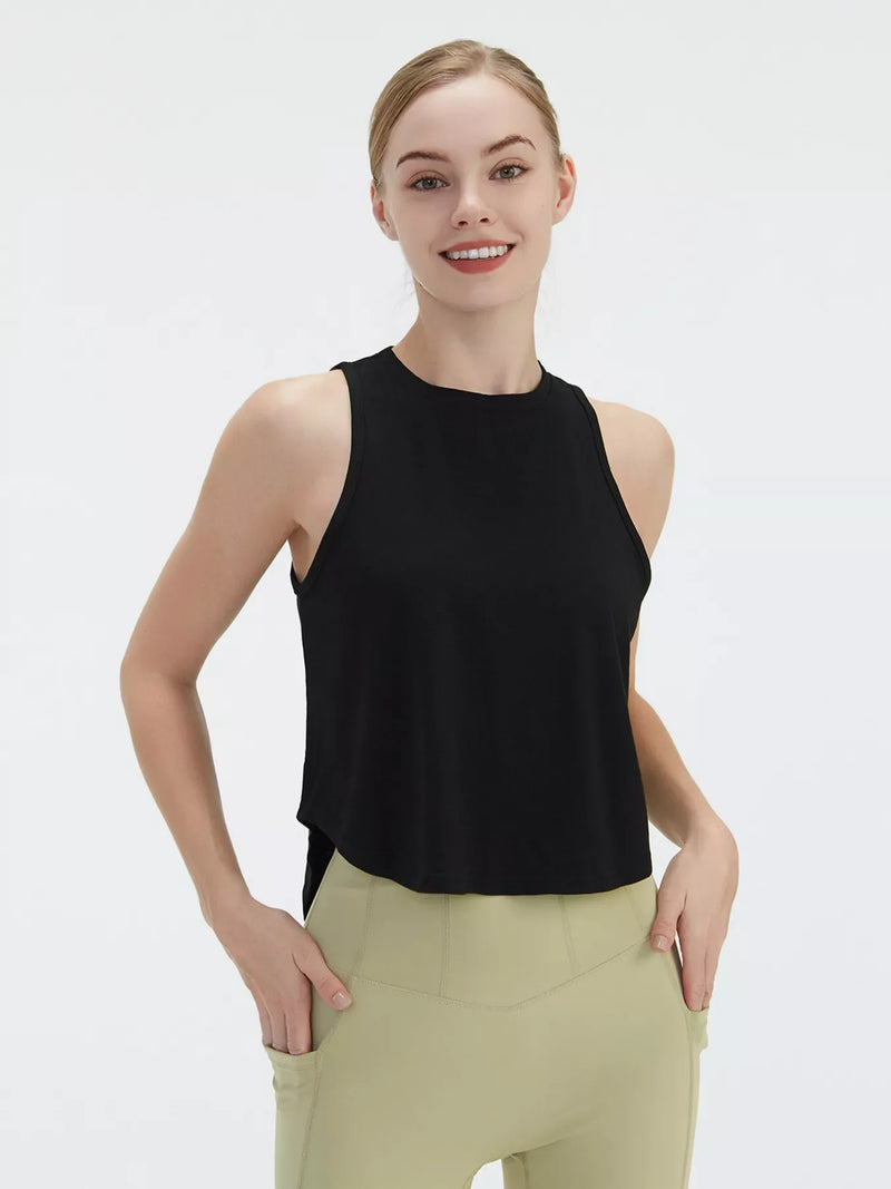 Tie Back Active Tank for Women with Cut Out Back and Crew Neck in Black, front view