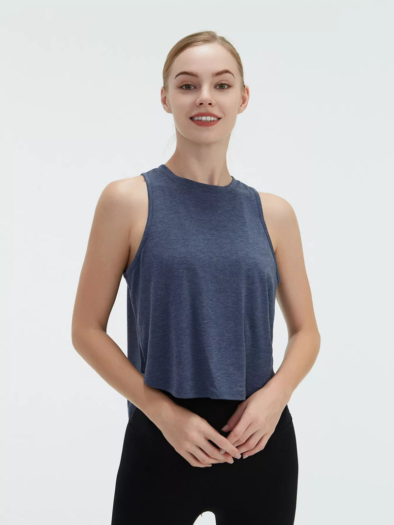 Tie Back Active Tank for Women with Cut Out Back and Crew Neck in Blue, front view close