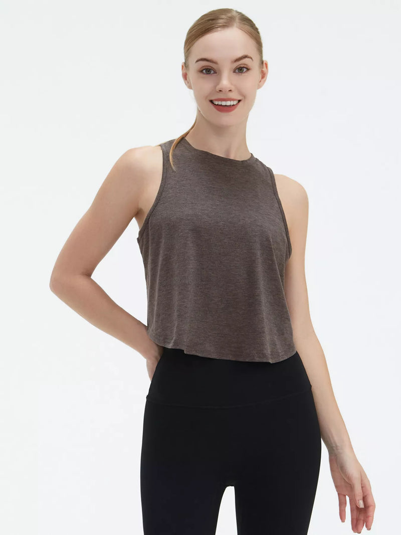 Tie Back Active Tank for Women with Cut Out Back and Crew Neck in Brown, front view