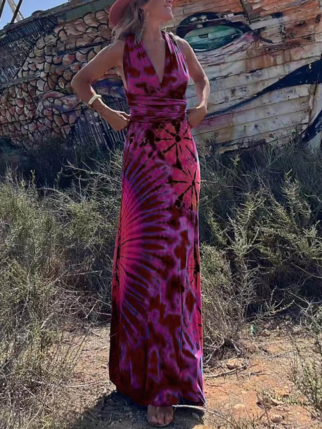 Tie-Dye Halter Maxi Dress for Women with Plunge Neck and Criss-Cross Back in Magenta, front view