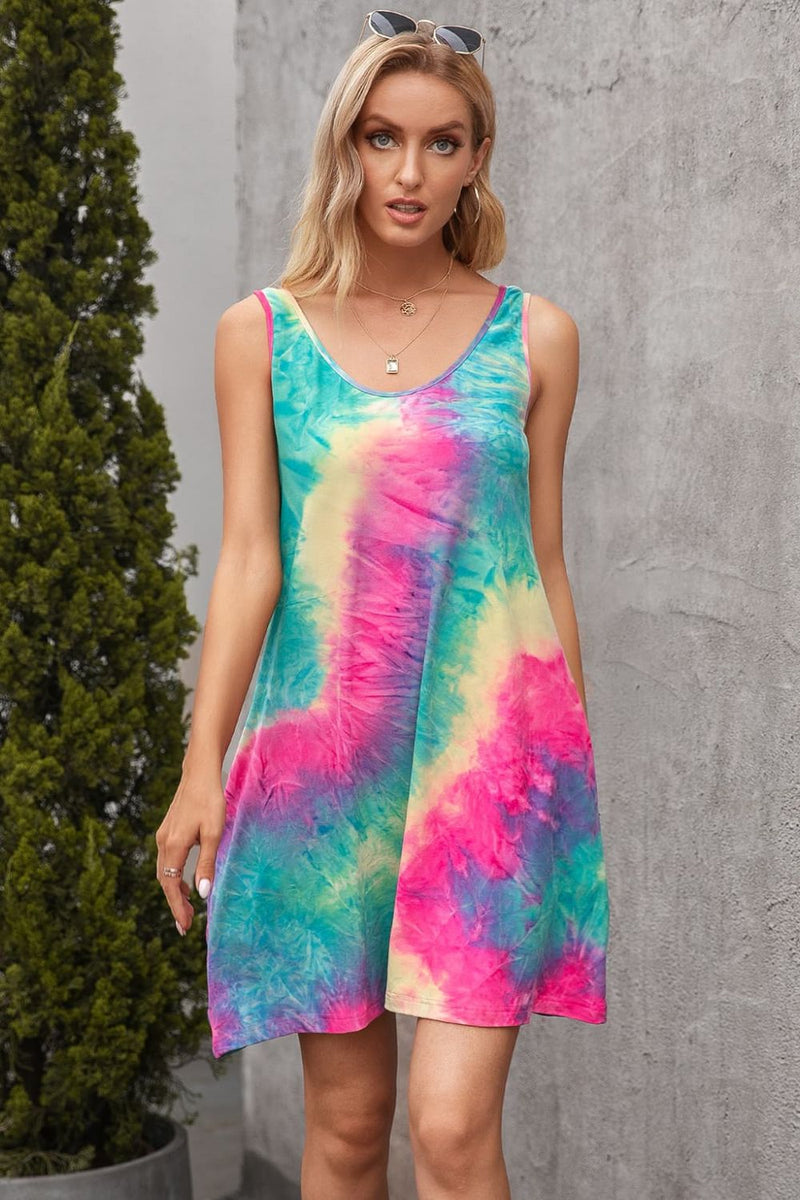 Tie-Dye Swing Mini Dress for Women with Scoop Neck and Pockets in Pink/Green, front view