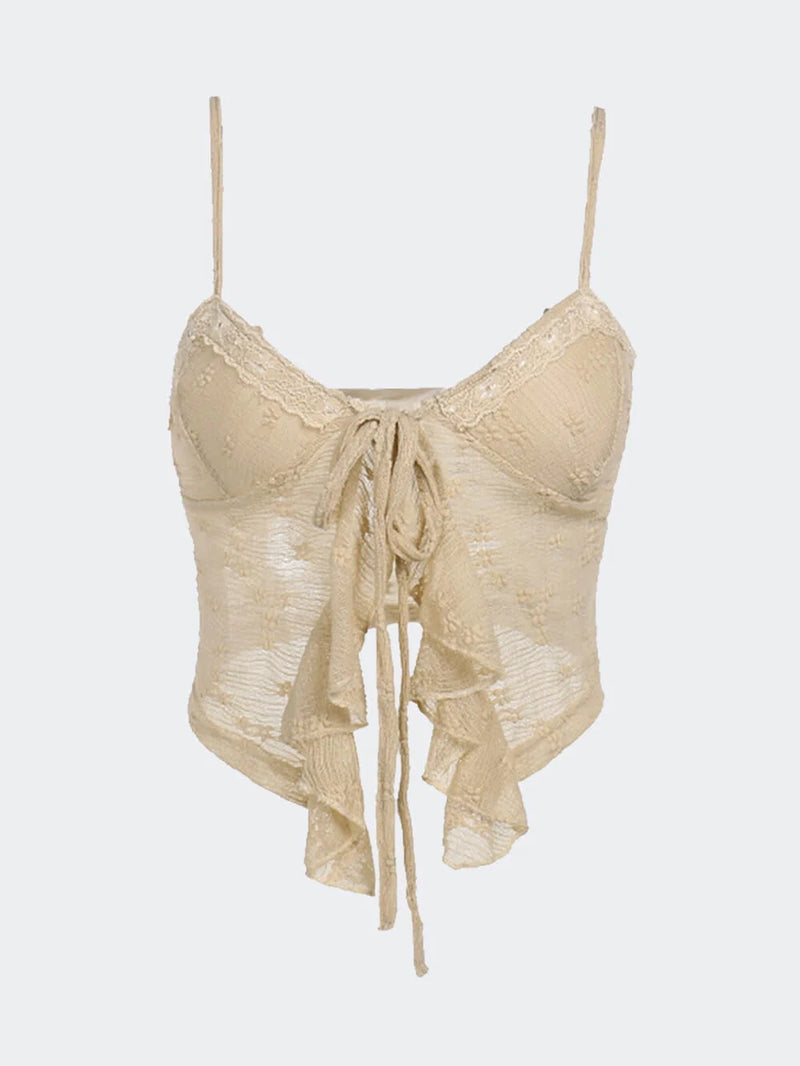 Tie Front Cami Crop Top for Women with Lace Trim and Ruffle Hem in Beige, flat lay front
