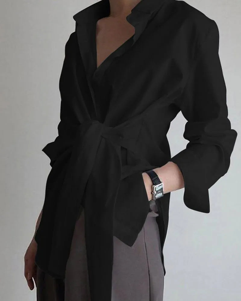 Tie Front Long Sleeve Shirt for Women with Oversized Fit and Point Collar in Black, front view 7
