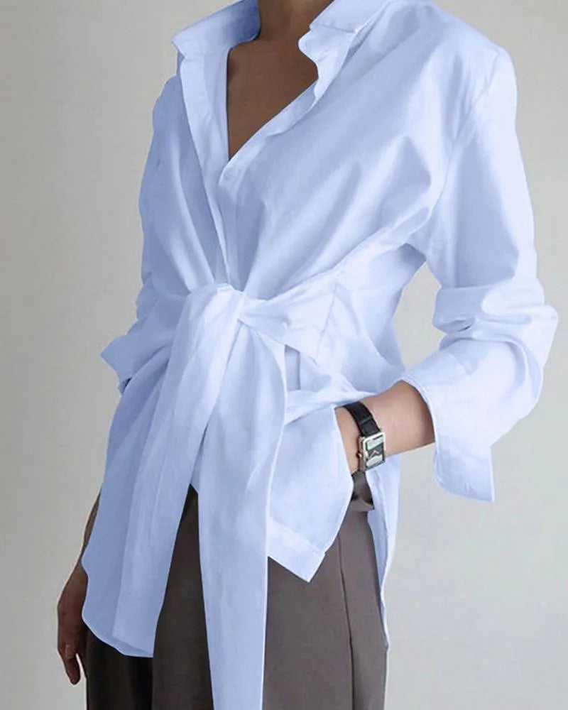 Tie Front Long Sleeve Shirt for Women with Oversized Fit and Point Collar in Light Blue, front view 4