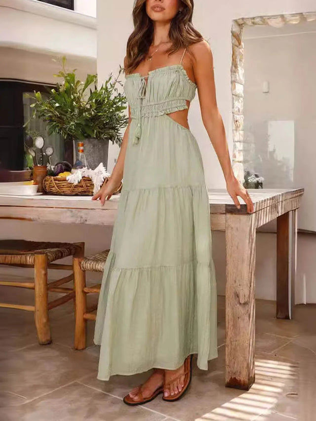 Tiered Cut Out Maxi Dress for Women with Tie Front and Thin Straps in Sage Green, front view
