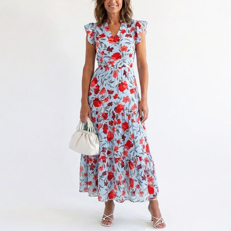 Tiered Floral Maxi Dress for Women with Flutter Sleeves and Tie Waist in Blue, front view