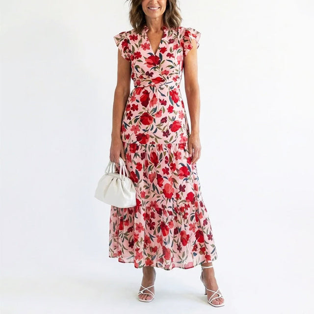 Tiered Floral Maxi Dress for Women with Flutter Sleeves and Tie Waist in Pink, front view