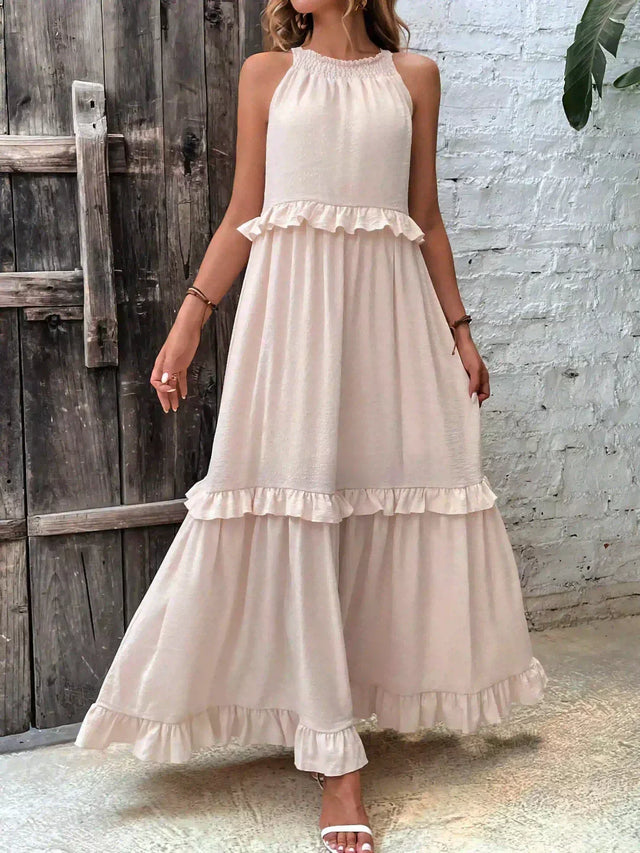 Tiered Ruffle Maxi Dress for Women with Halter Neck and Pockets in Apricot, front view