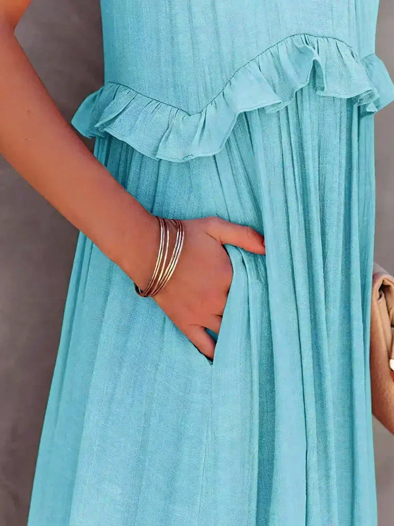 Tiered Ruffle Maxi Dress for Women with Halter Neck and Pockets in Turquoise, pocket detail