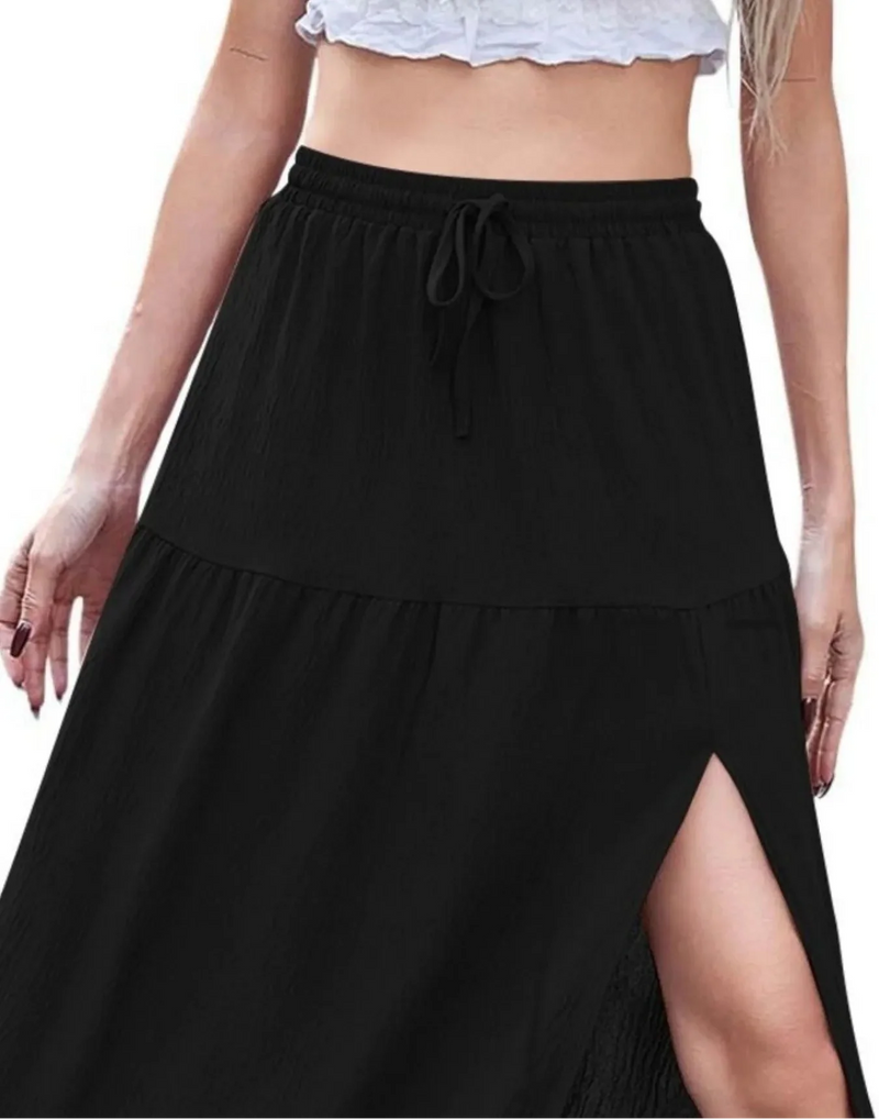 Tiered Split Maxi Skirt for Women with Drawstring Elastic Waist in Black, close-up