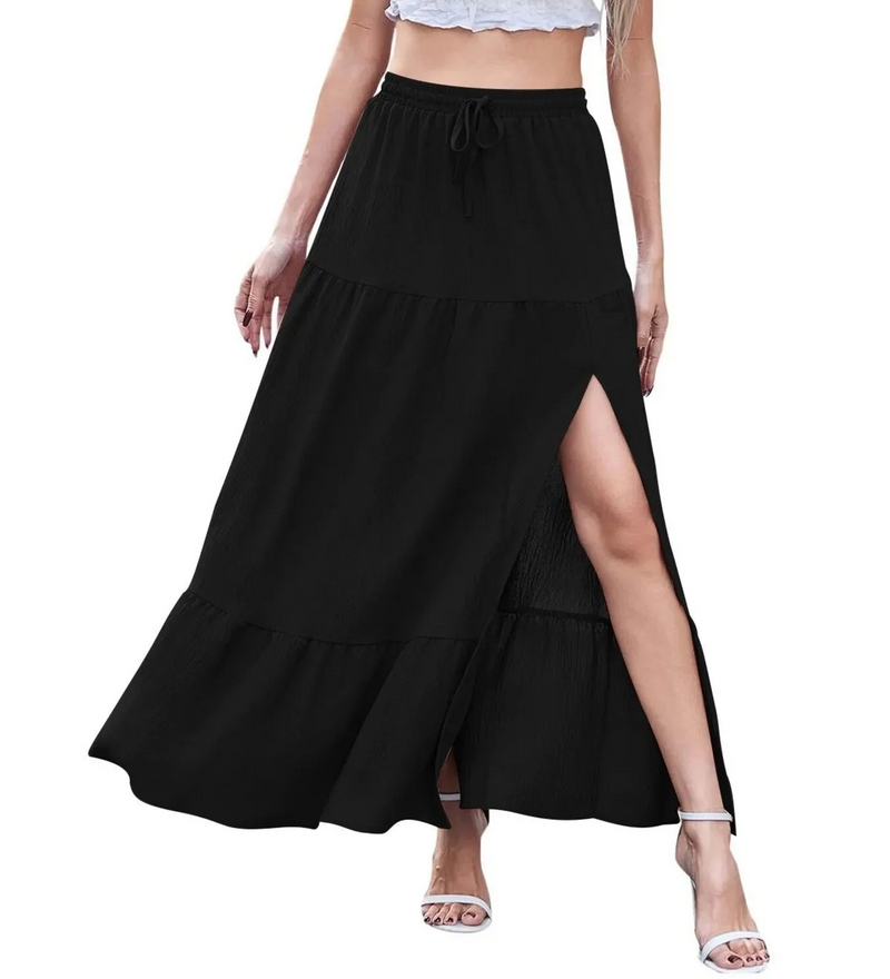 Tiered Split Maxi Skirt for Women with Drawstring Elastic Waist in Black, front view