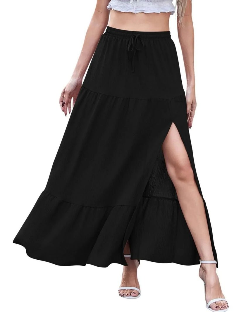 Tiered Split Maxi Skirt for Women with Drawstring Elastic Waist in Black, full front view
