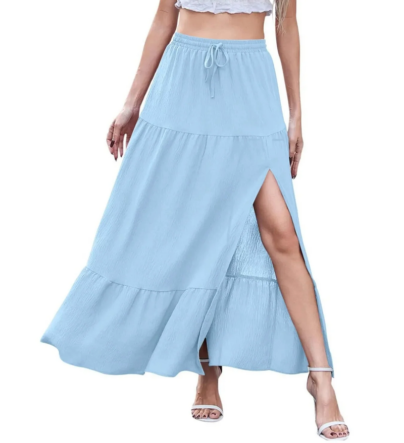 Tiered Split Maxi Skirt for Women with Drawstring Elastic Waist in Light Blue, front view