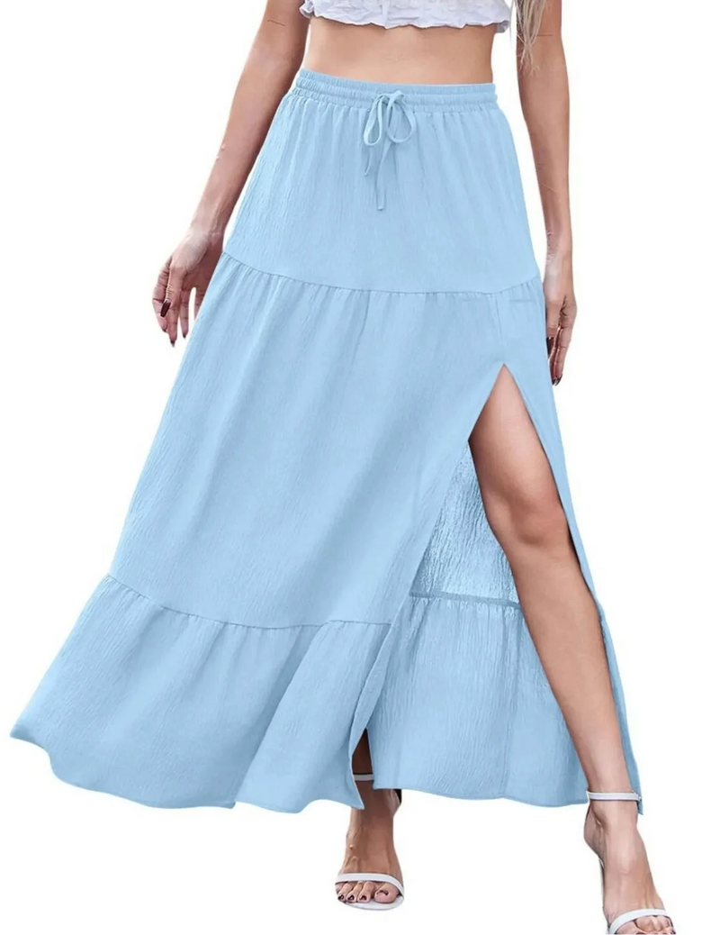 Tiered Split Maxi Skirt for Women with Drawstring Elastic Waist in Light Blue, full front view