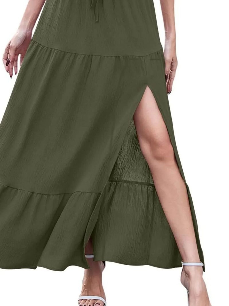 Tiered Split Maxi Skirt for Women with Drawstring Elastic Waist in Olive, close-up
