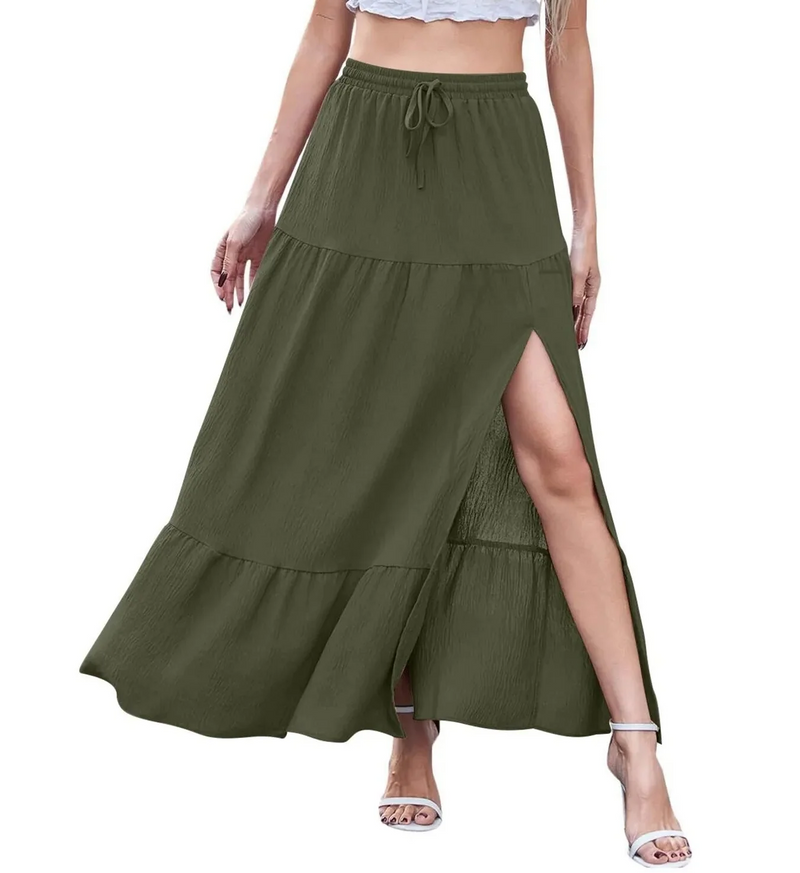 Tiered Split Maxi Skirt for Women with Drawstring Elastic Waist in Olive, front view