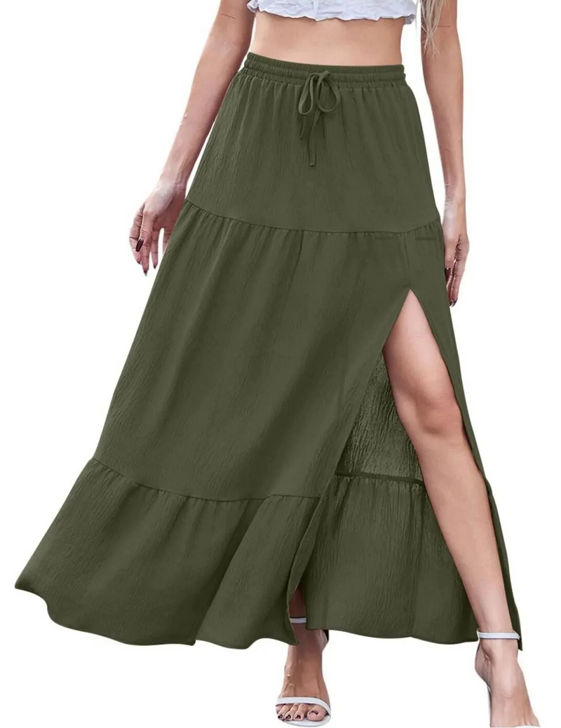 Tiered Split Maxi Skirt for Women with Drawstring Elastic Waist in Olive, full front view