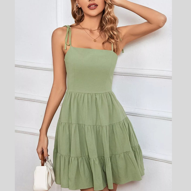 Tiered Mini Sundress for Women with Tie Straps and Open Back in Green, front view