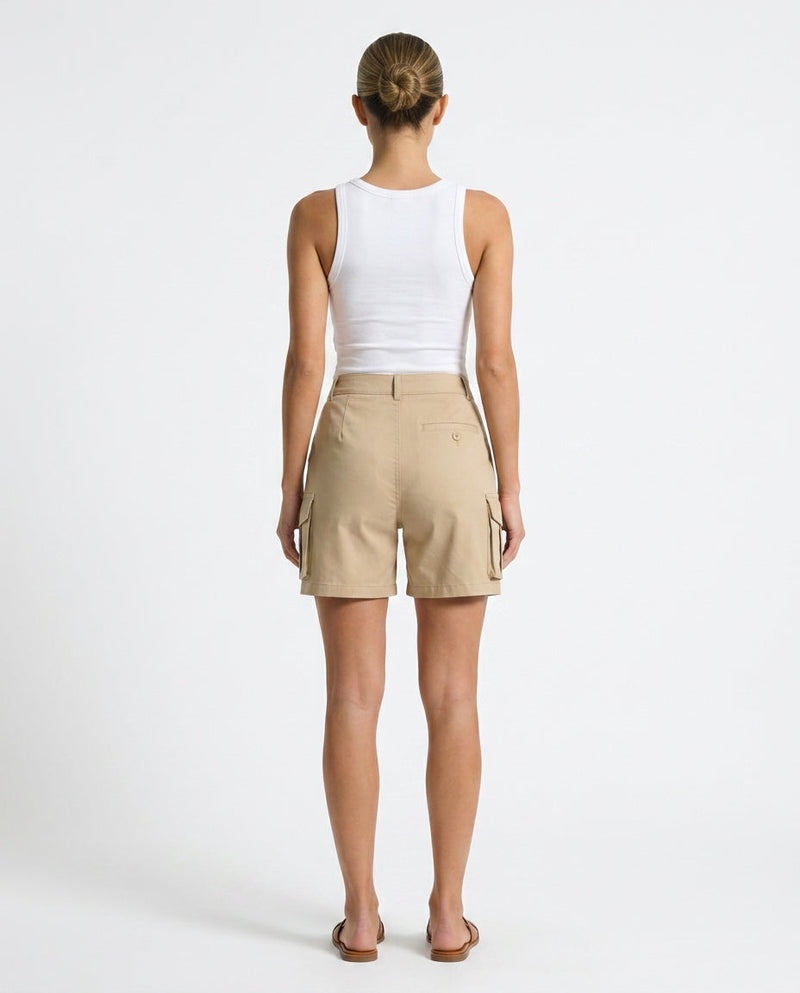 Twill Cargo Shorts for Women with High Waist and Side Flap Pockets in Beige, back view