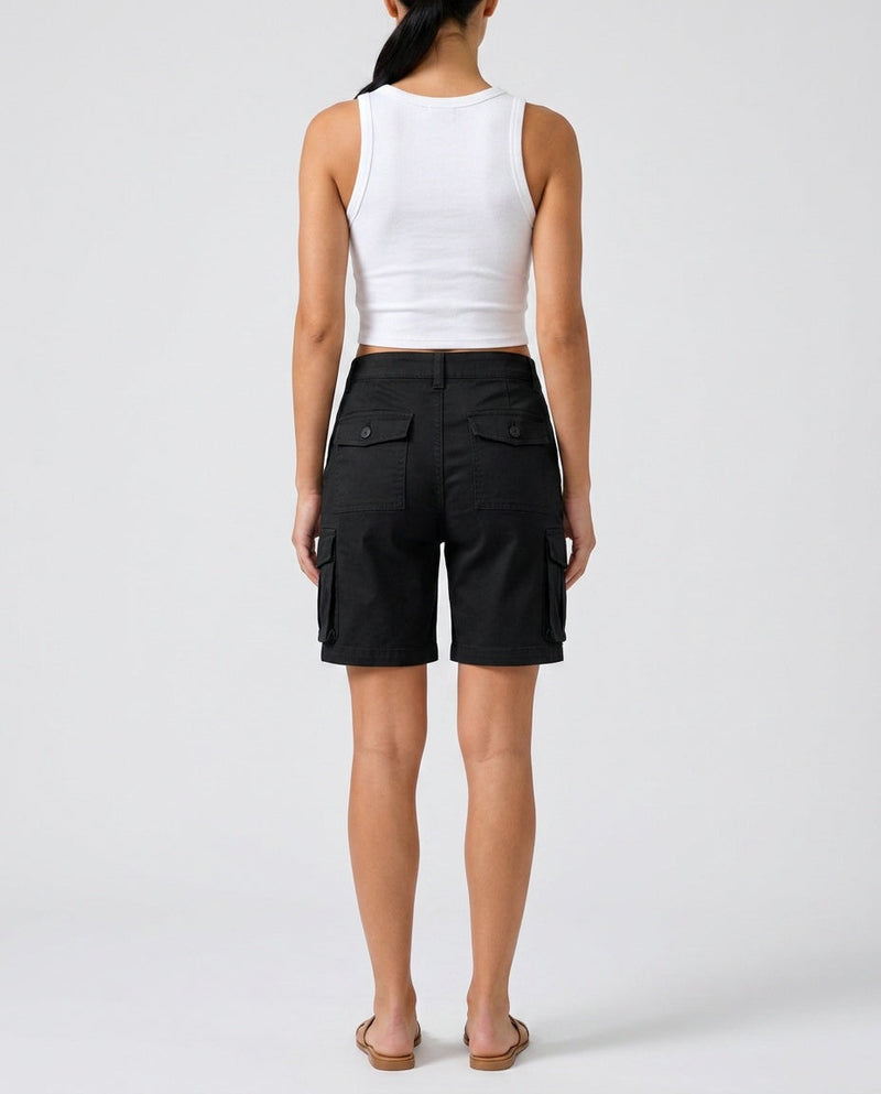 Twill Cargo Shorts for Women with High Waist and Side Flap Pockets in Black, back view