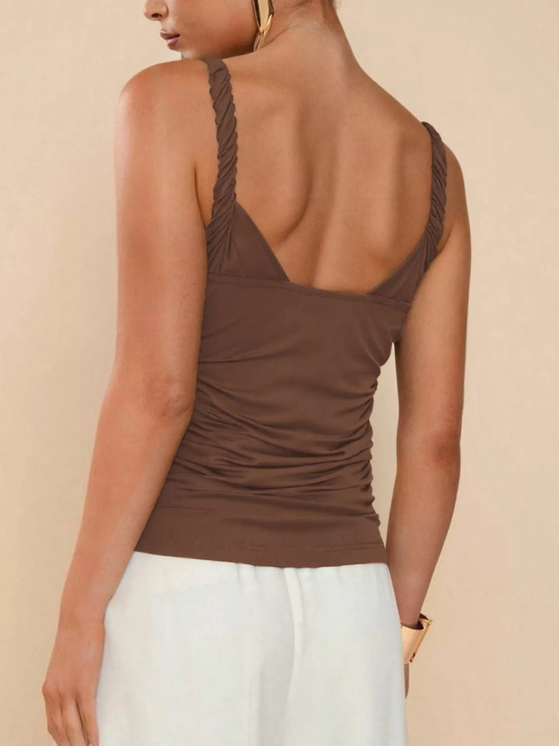Twisted Strap Cami Top for Women with Gold-Tone Rings and Ruched Sides in Brown, back view