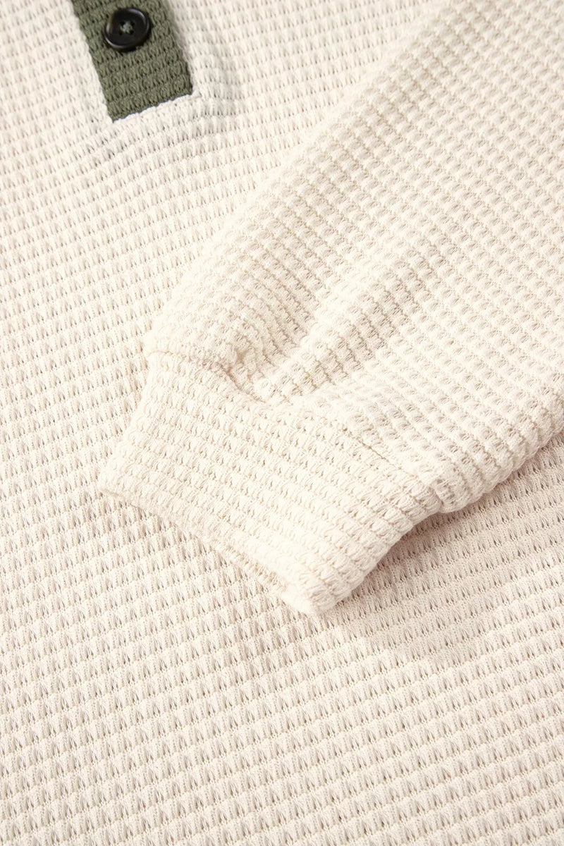 Pullover Hoodie for Women with Henley Placket and Two Tone Waffle Knit in White, cuff detail