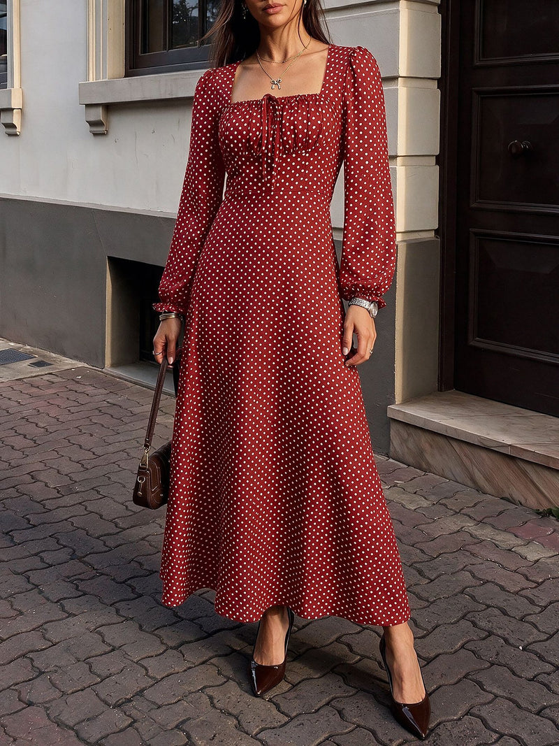 Long Sleeve Maxi Dress for Women with Square Neck and Polka Dot Print, studio back view