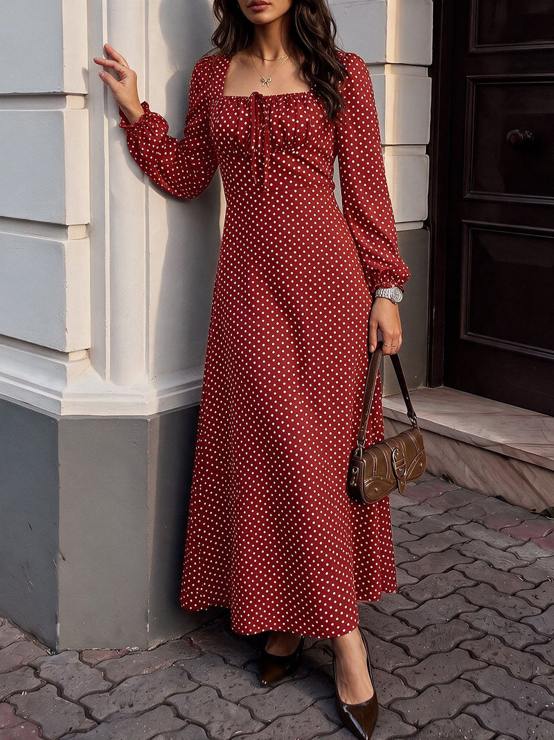 Long Sleeve Maxi Dress for Women with Square Neck and Polka Dot Print, studio front view