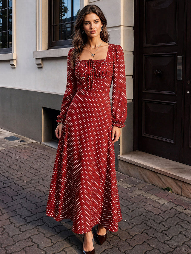 Long Sleeve Maxi Dress for Women with Square Neck and Polka Dot Print in Red, studio front view