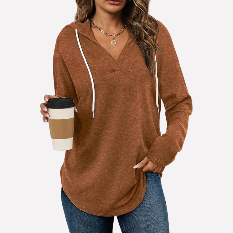 Pullover Hoodie for Women with V-Neck and Curved Shirttail Hem in Caramel, front view