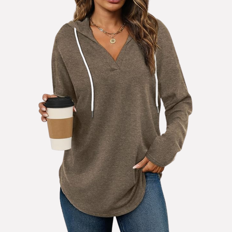 Pullover Hoodie for Women with V-Neck and Curved Shirttail Hem in Coffee, front view