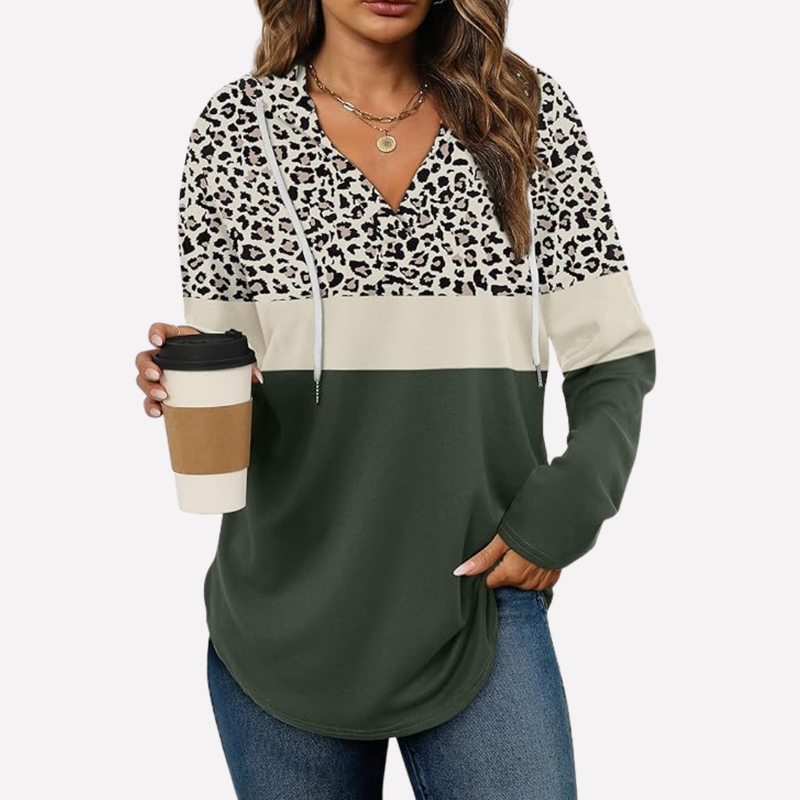 Pullover Hoodie for Women with V-Neck and Curved Shirttail Hem in Leopard Green, front view