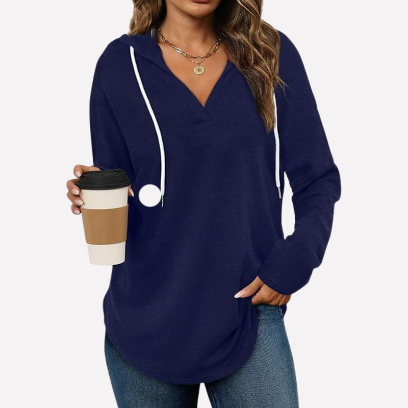Pullover Hoodie for Women with V-Neck and Curved Shirttail Hem in Navy Blue, front view