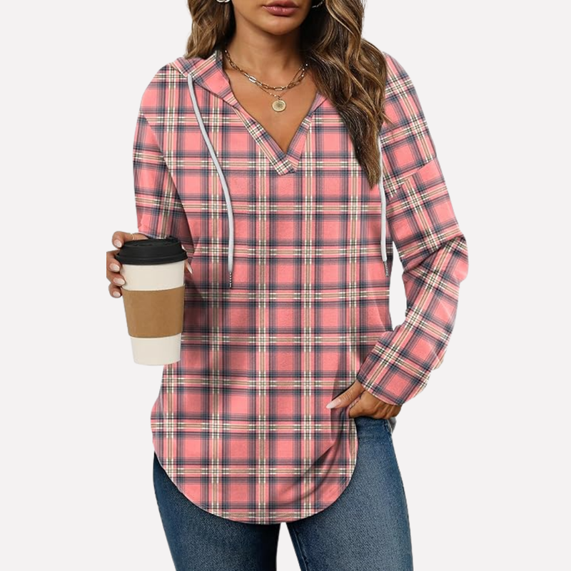 Pullover Hoodie for Women with V-Neck and Curved Shirttail Hem in Plaid Dusty Pink, front view