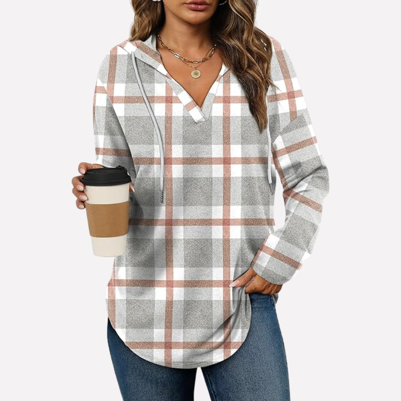 Pullover Hoodie for Women with V-Neck and Curved Shirttail Hem in Plaid Gray, front view
