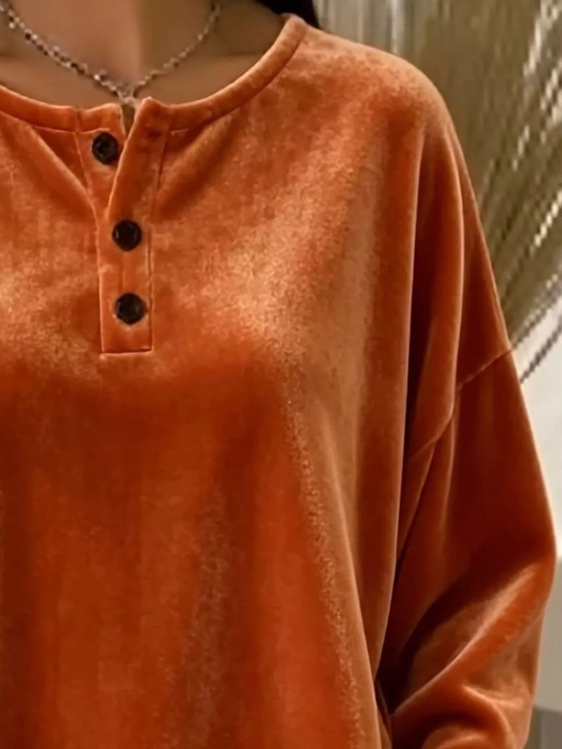 Henley Shirt for Women with Soft Velvet and Three-Button Placket in Orange, close-up