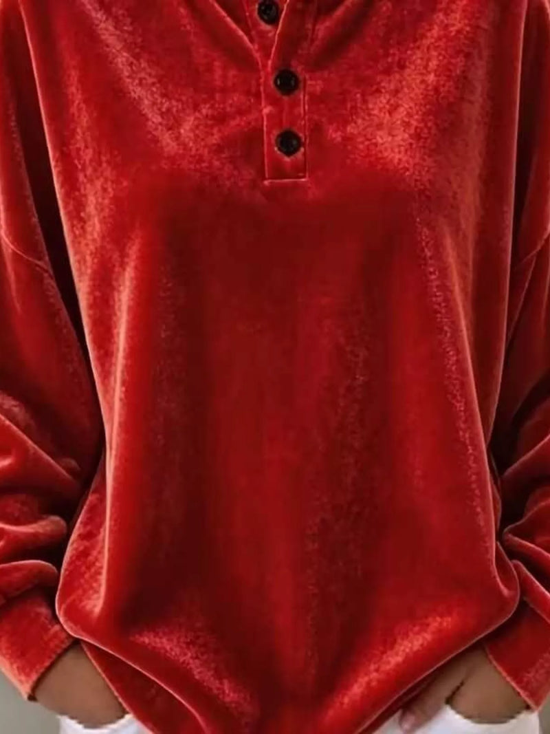 Henley Shirt for Women with Soft Velvet and Three-Button Placket in Red, close-up
