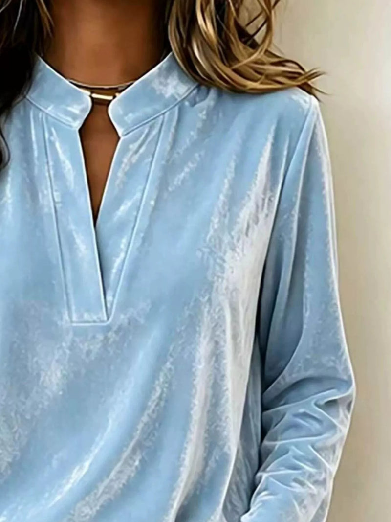 Going Out Top for Women with Soft Velvet and Notched V Neck Band Collar in Sky Blue, close-up