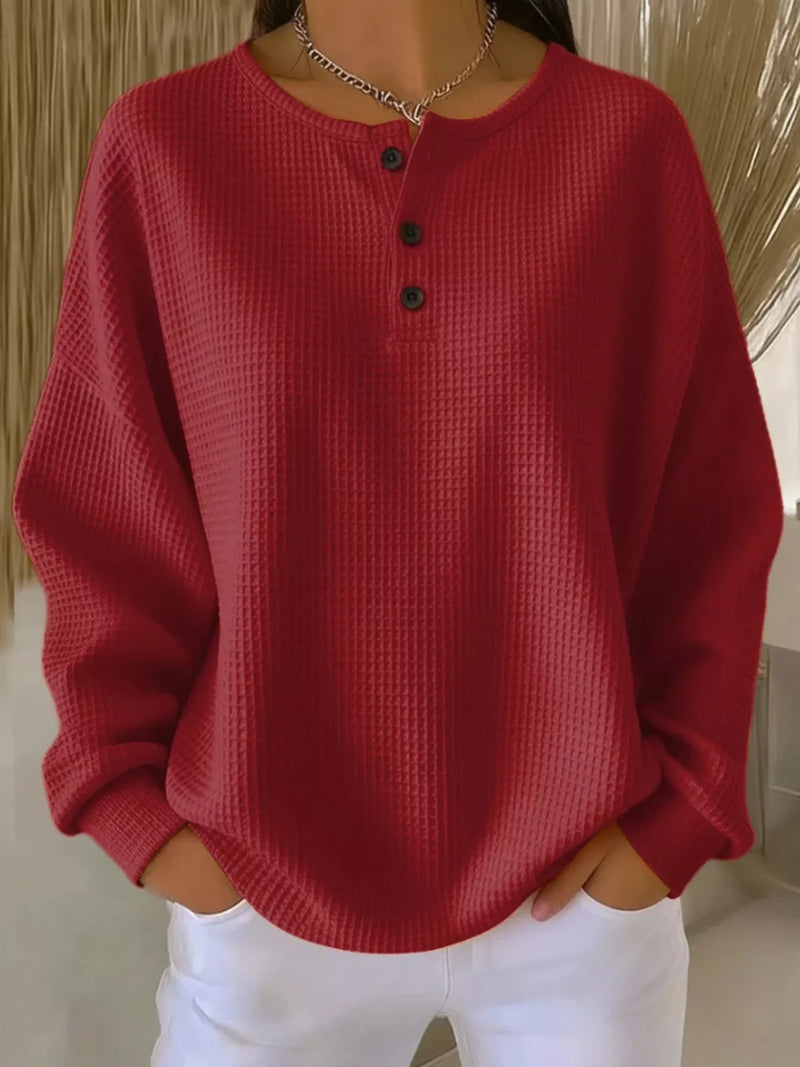 Henley Shirt for Women with Waffle Knit and Drop Shoulders in Red, front view