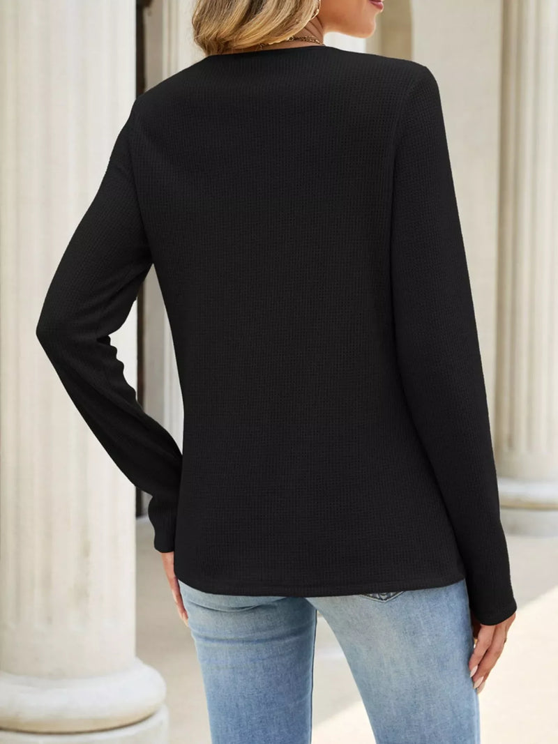 Lace Top for Women with Waffle Knit Body and Long Sleeves in Black, back view
