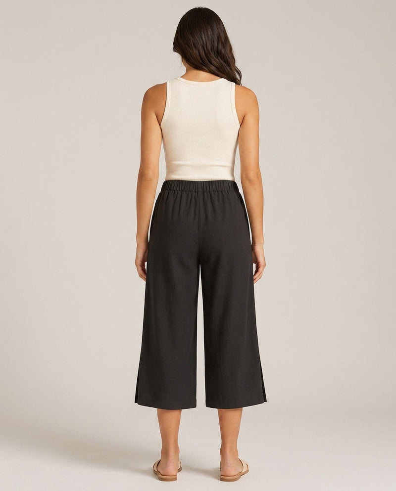 Wide Leg Cropped Pants for Women with Elastic Waist and Button Hem Slits in Black, back view