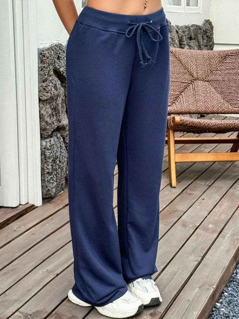 Wide Leg Track Pants for Women with Drawstring Waist and Pockets in Navy, front close-up